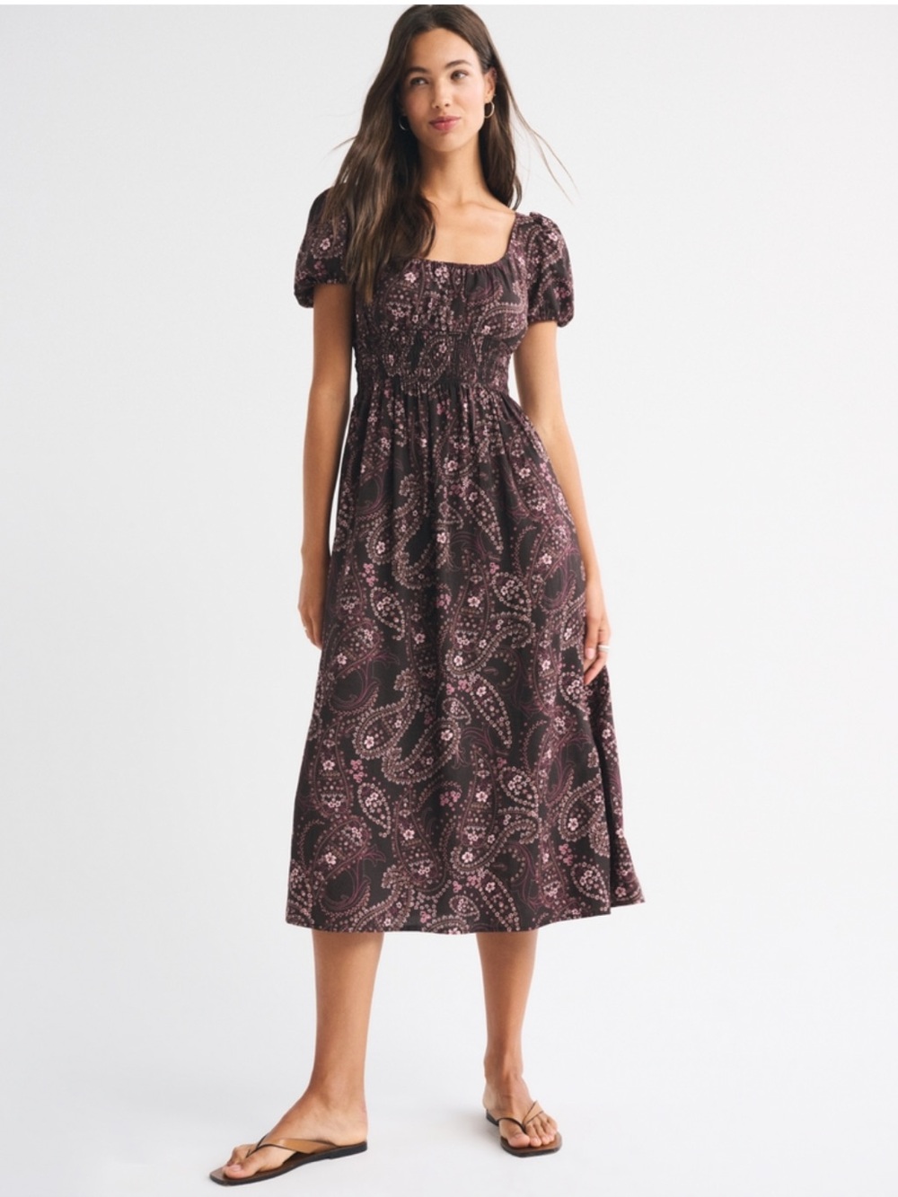 Abercrombie & Fitch Puff Sleeve Smocked Waist Midi Dress